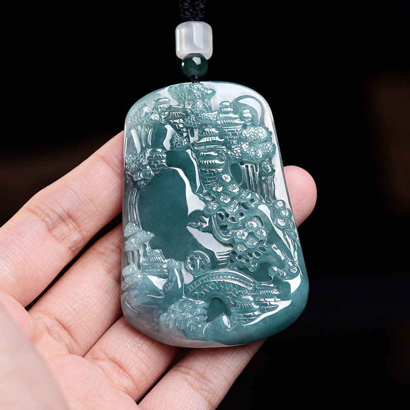 Vintage Fashion - Natural Burmese Jadeite Scenery Pendant Necklace