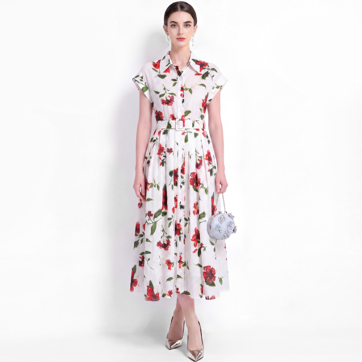 Vintage Fashion Collection - Stylish Floral Shirt Dress Short Sleeve