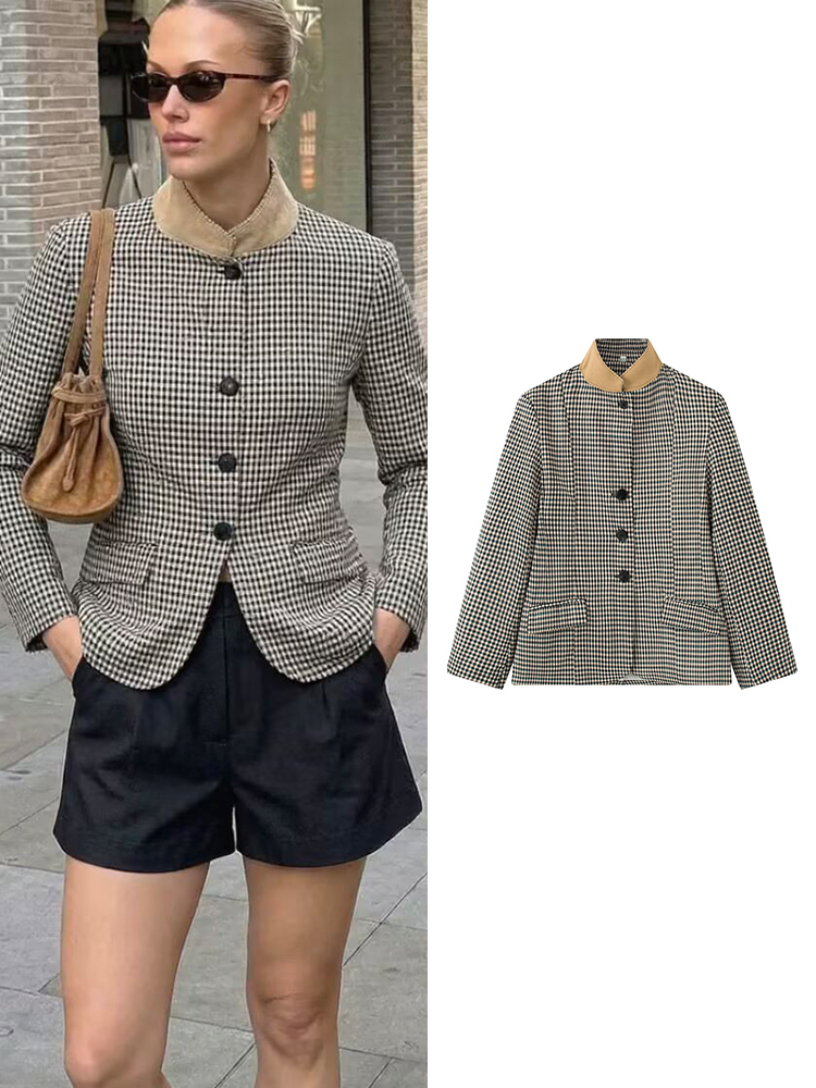 Vintage Trench Coat - TFMLN Women's Vintage Plaid Blazer Coat