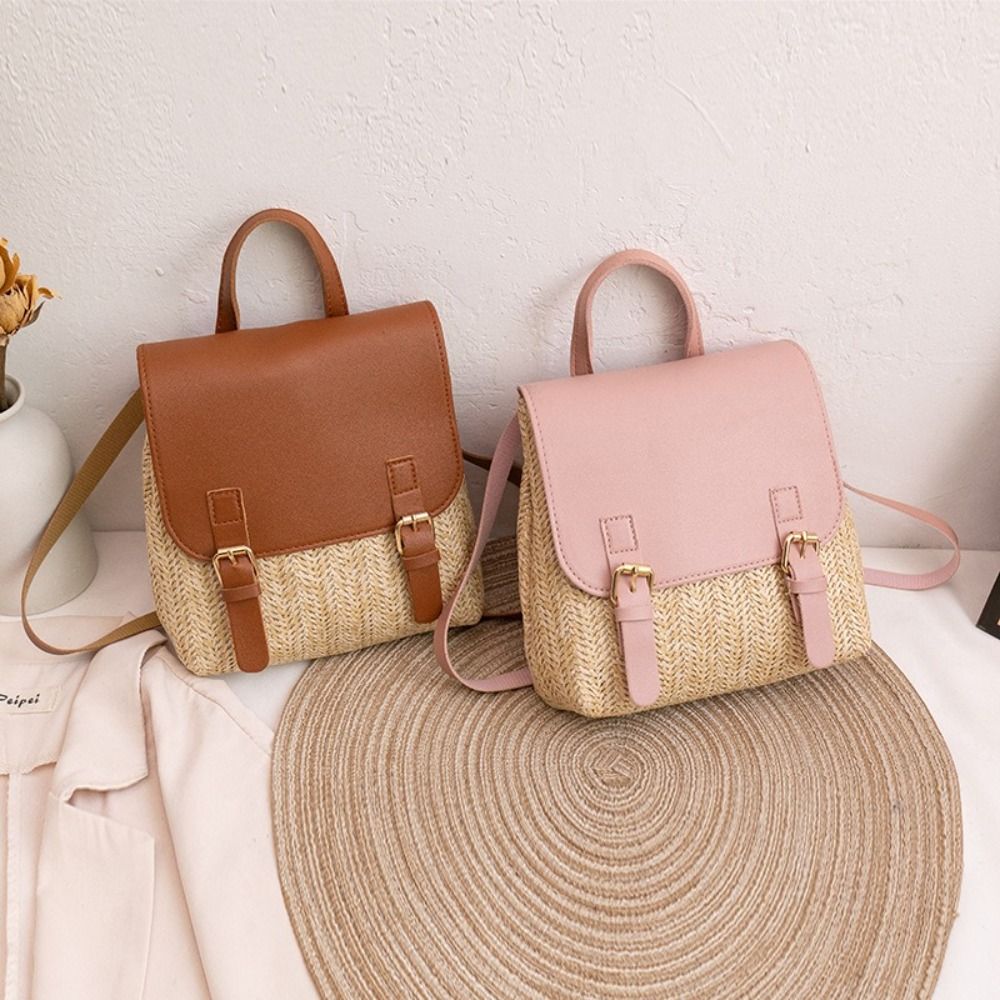 Vintage Fashion Looks - Fashion PU Leather Straw Backpack Retro