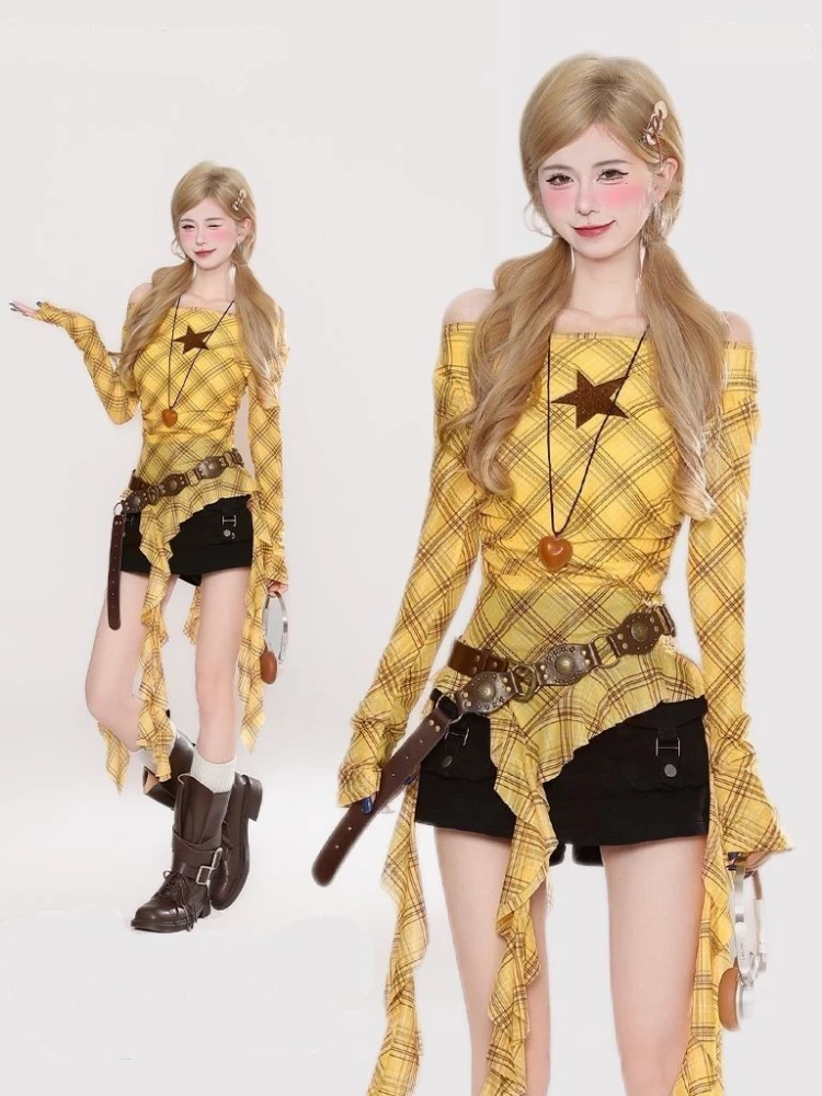 Y2K Plaid Slash Neck Vintage T - Vintage Fashion ulasan dan harga