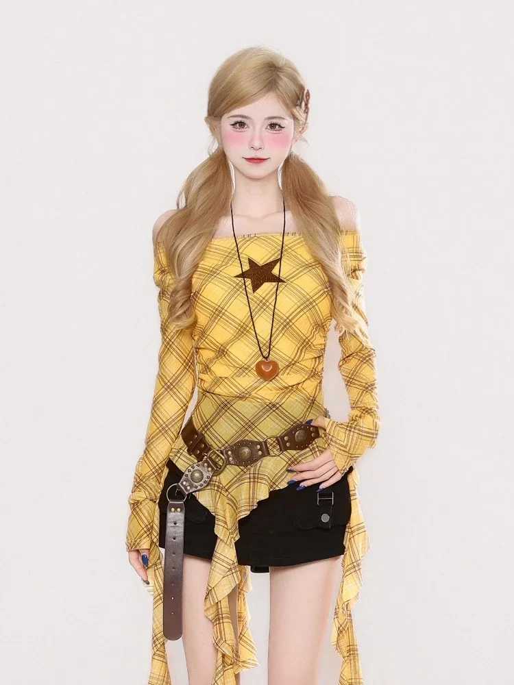 Y2K Plaid Slash Neck Vintage T - Vintage Fashion ulasan dan harga