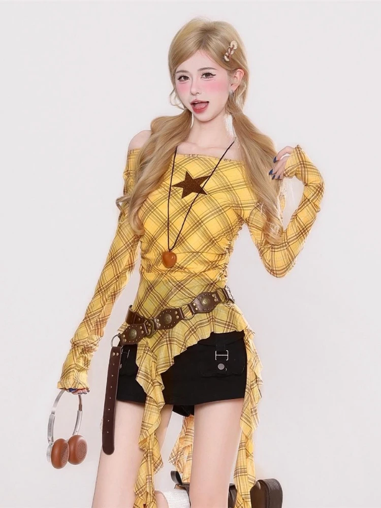 Y2K Plaid Slash Neck Vintage T - Vintage Fashion ulasan dan harga
