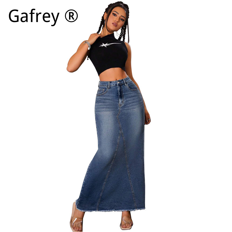 Women Denim Midi Skirt High Wa - Vintage Fashion Jeans ulasan dan harga